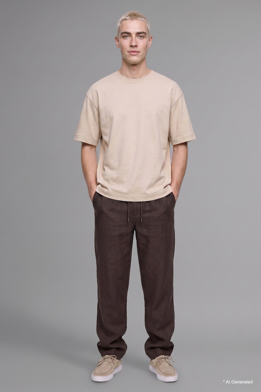 Men Brown Elastic Waist 100% Cotton Brown Baggy Trousers