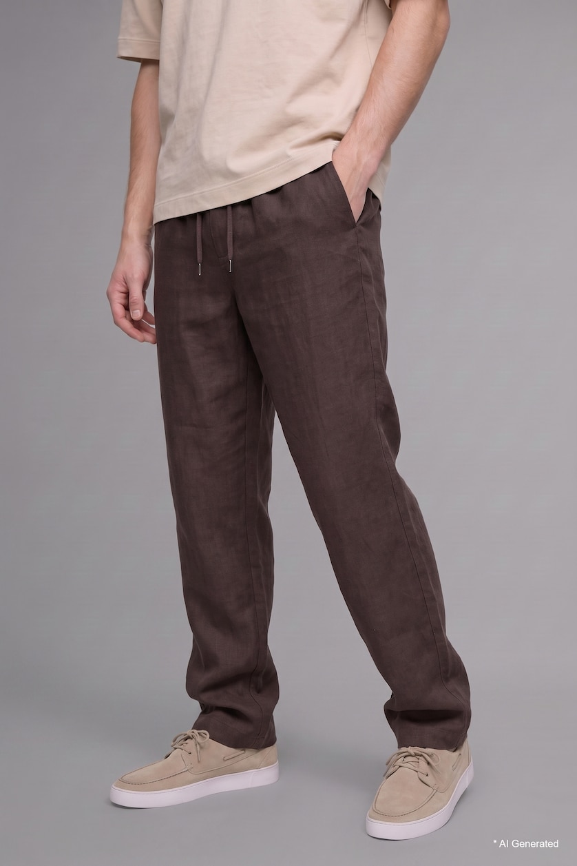 Men Brown Elastic Waist 100% Cotton Brown Baggy Trousers