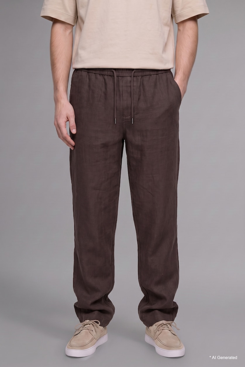 Men Brown Elastic Waist 100% Cotton Brown Baggy Trousers