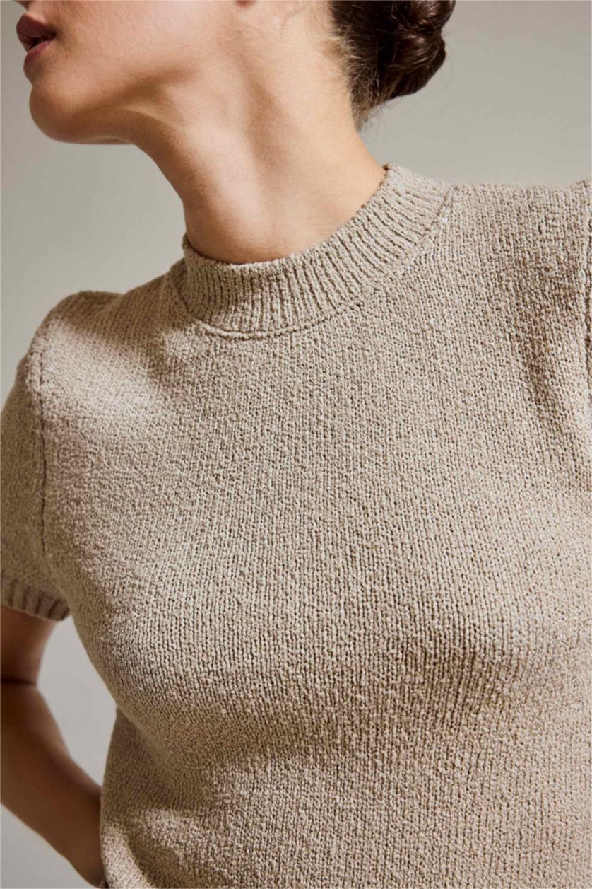 Kadın Açık Gri Yarım Balıkçı Yaka Kısa Kollu Triko Kazak