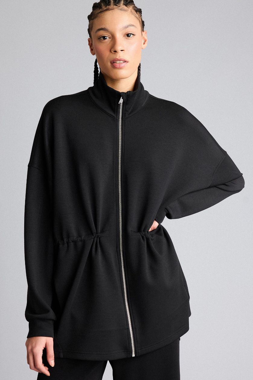 Woman Black Long Fit Stand Collar Modal Cardigan