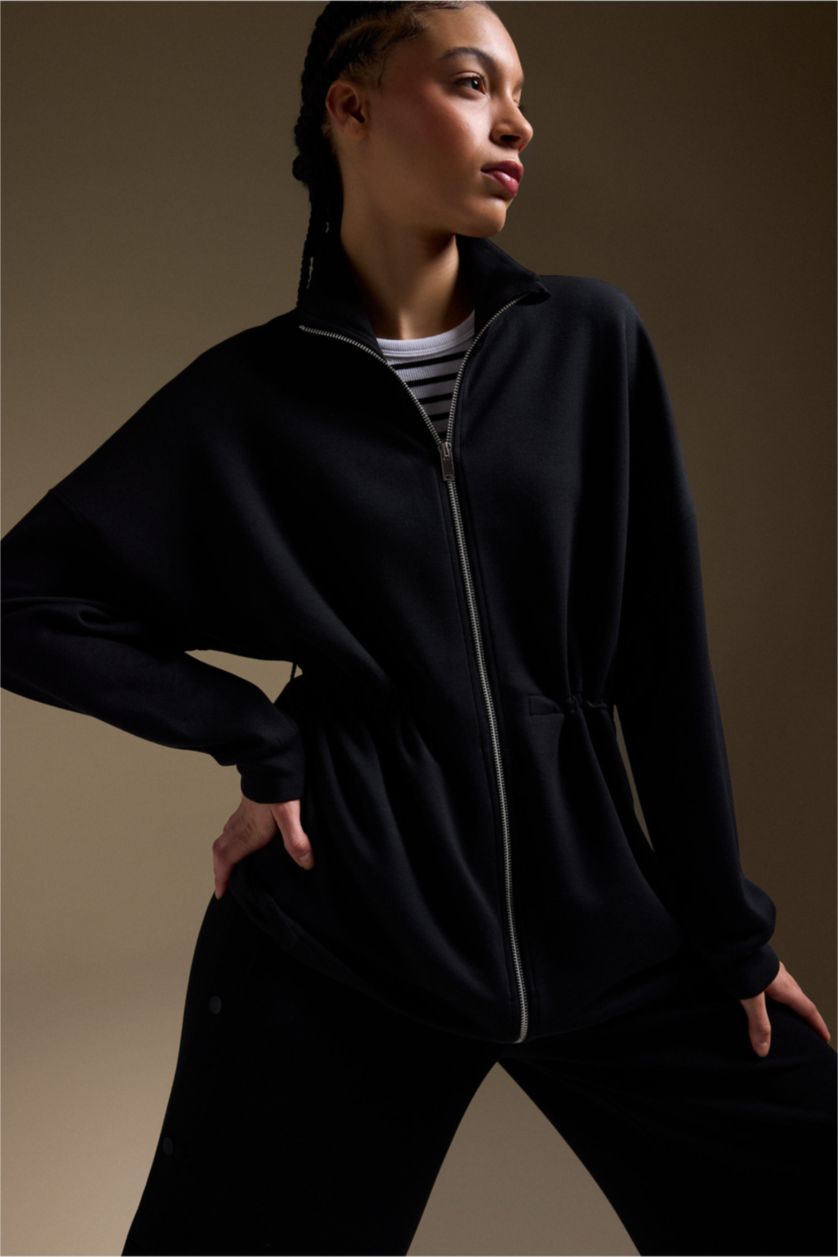 WOMAN Black Long Fit Stand Collar Modal Zip Up Sweatshirt