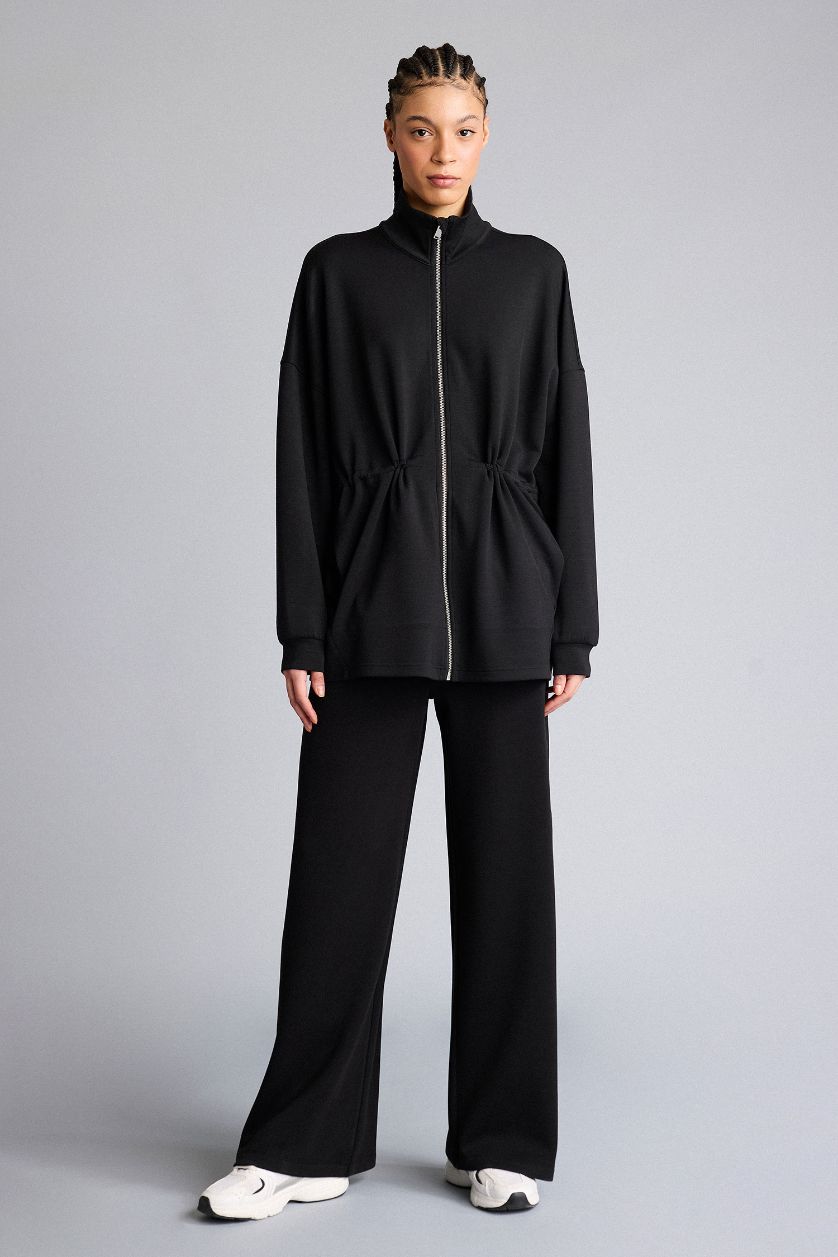 Woman Black Long Fit Stand Collar Modal Cardigan