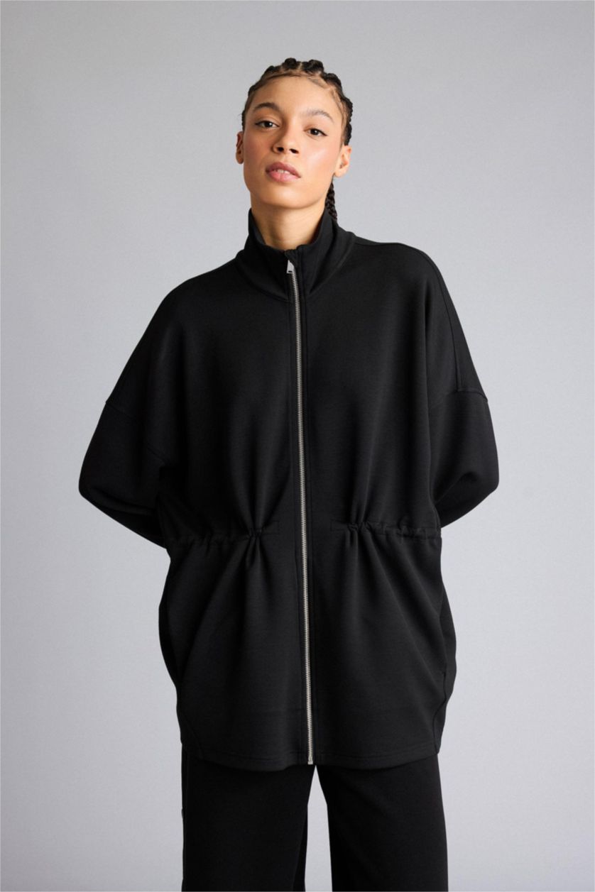 حريمي أسود سويت شيرت بسوستة منسوج قصة طويلة بياقة عالية بسوسته