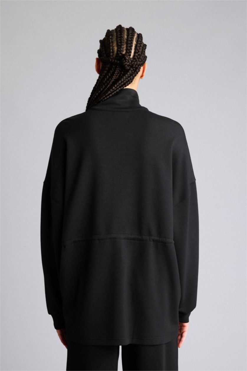 حريمي أسود سويت شيرت بسوستة منسوج قصة طويلة بياقة عالية بسوسته