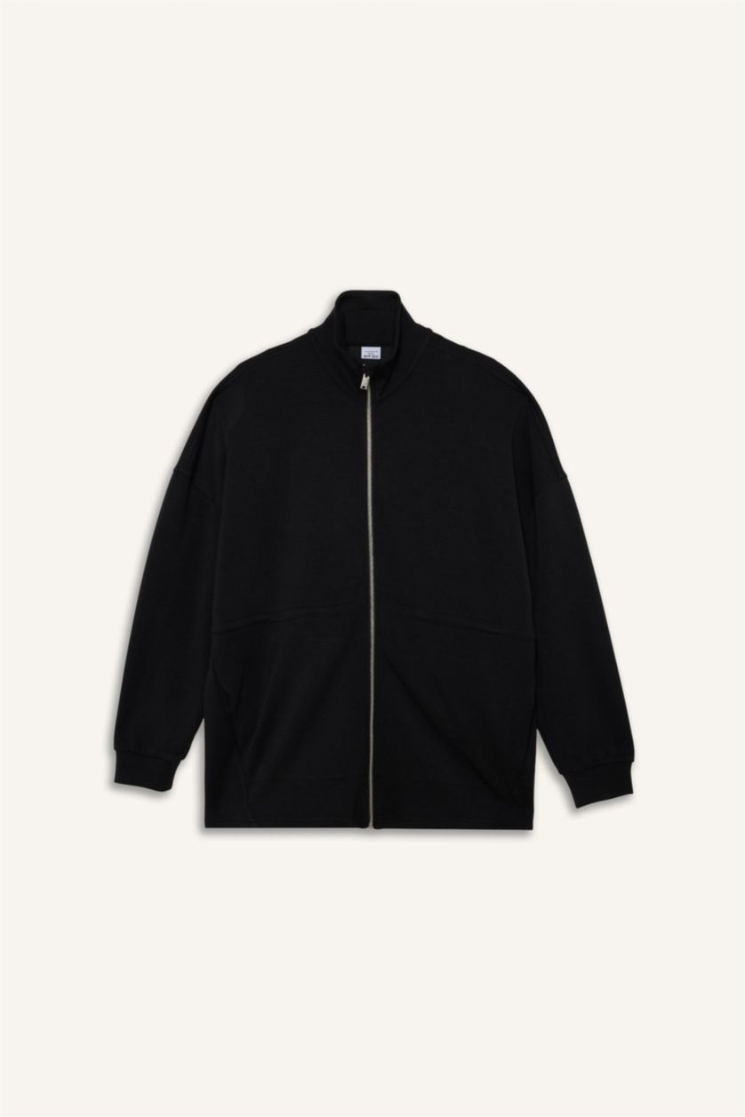 حريمي أسود سويت شيرت بسوستة منسوج قصة طويلة بياقة عالية بسوسته