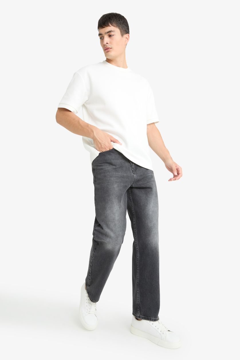 Erkek Antrasit Baggy Fit Normal Bel Geniş Paça Jean Pantolon