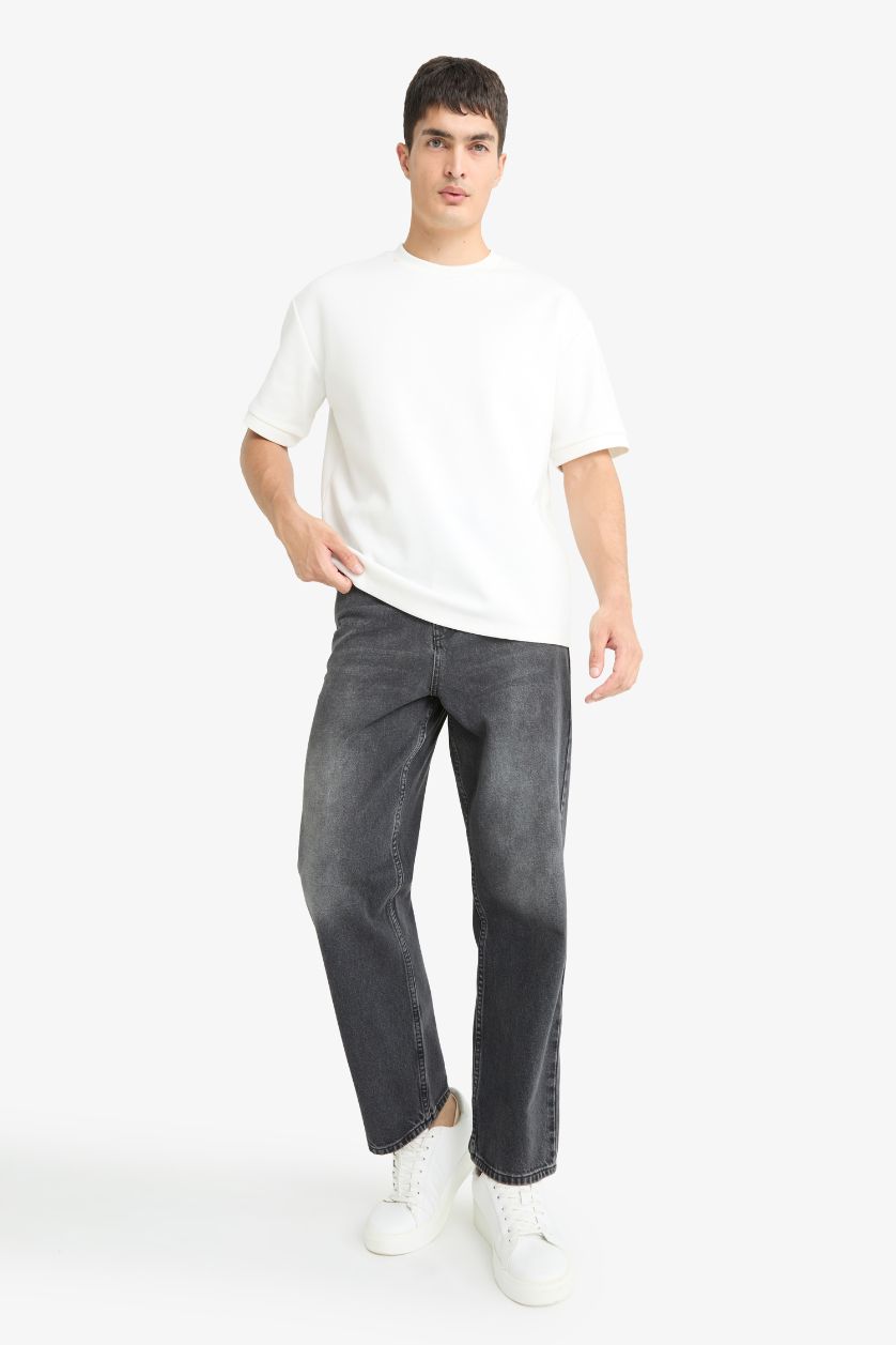 Erkek Antrasit Baggy Fit Normal Bel Geniş Paça Jean Pantolon