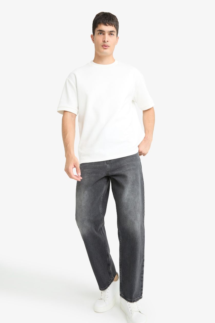 Erkek Antrasit Baggy Fit Normal Bel Geniş Paça Jean Pantolon