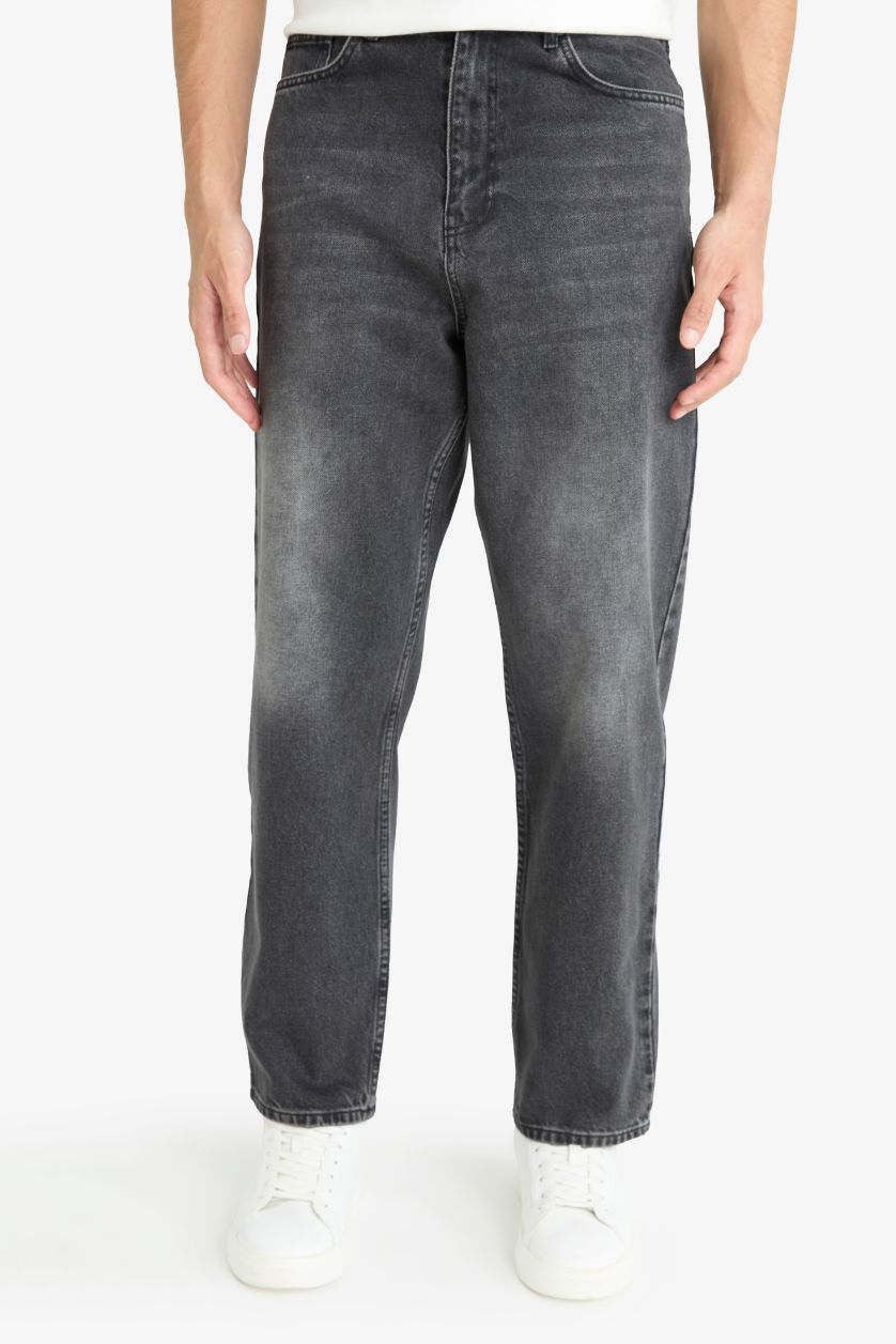 Erkek Antrasit Baggy Fit Normal Bel Geniş Paça Jean Pantolon