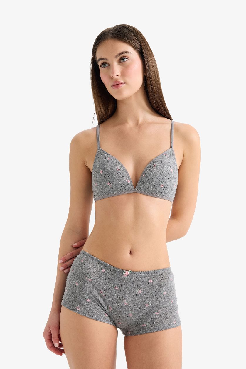 Kadın Gri Melanj Çiçekli Pamuklu Boxer
