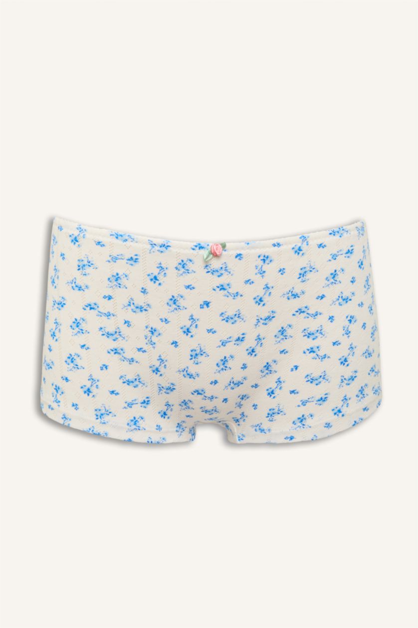 Kadın Kırık Beyaz Çiçekli Bağcıklı Pamuklu Boxer