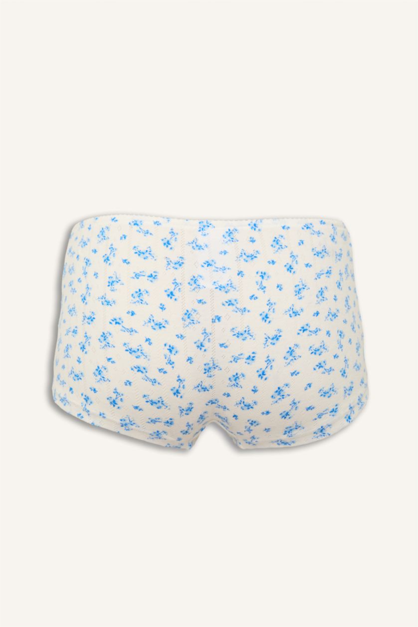 Kadın Kırık Beyaz Çiçekli Bağcıklı Pamuklu Boxer