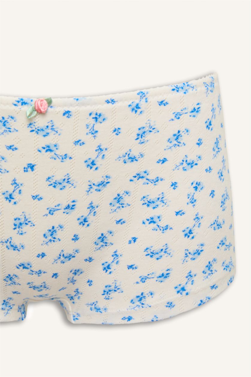 Kadın Kırık Beyaz Çiçekli Bağcıklı Pamuklu Boxer