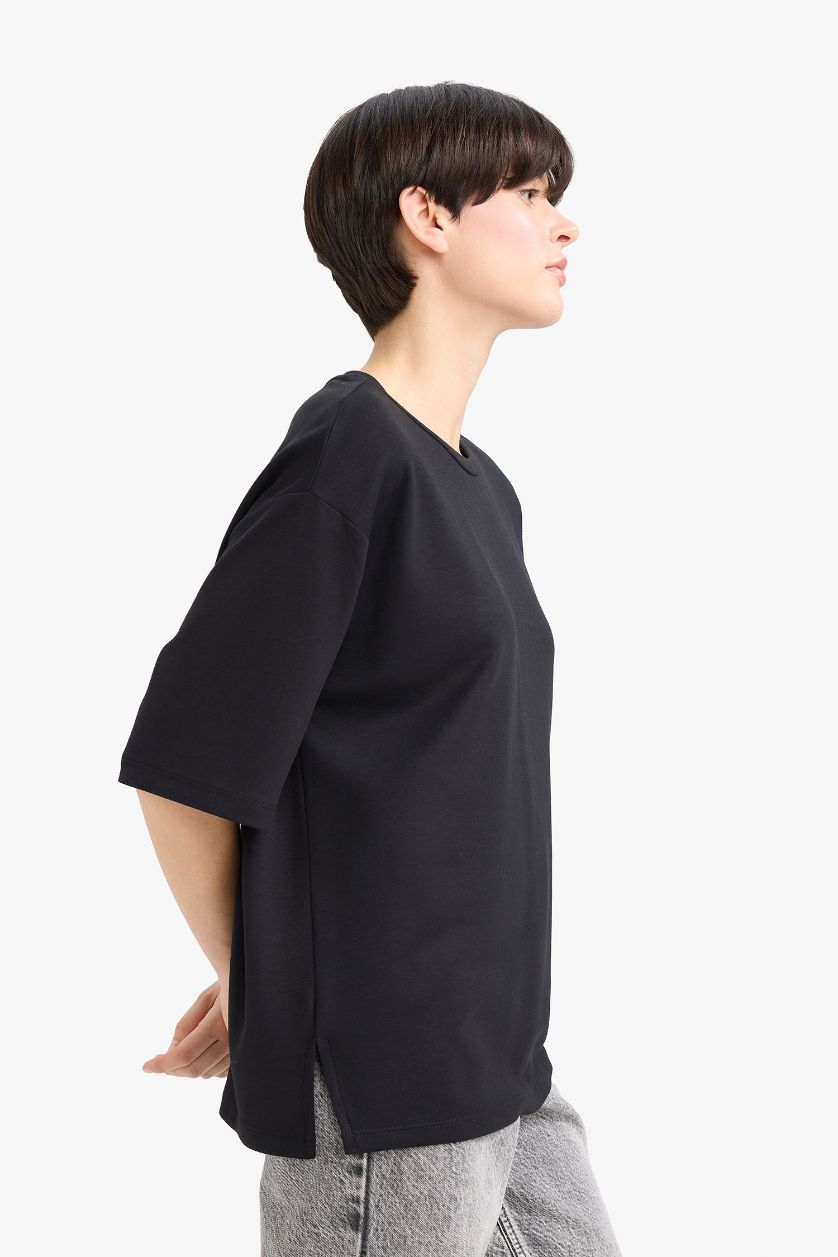 FEMME Noir T-shirt basique à col rond et manches courtes Coupe décontractée