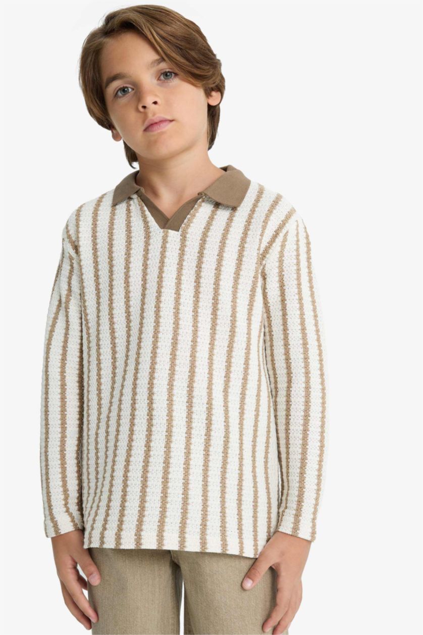 Erkek Çocuk - Genç Erkek Kum Polo Yaka Çizgili Sweatshirt Erkek Çocuk
