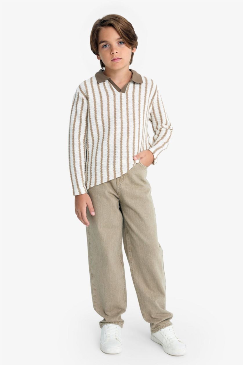 Erkek Çocuk - Genç Erkek Kum Polo Yaka Çizgili Sweatshirt Erkek Çocuk