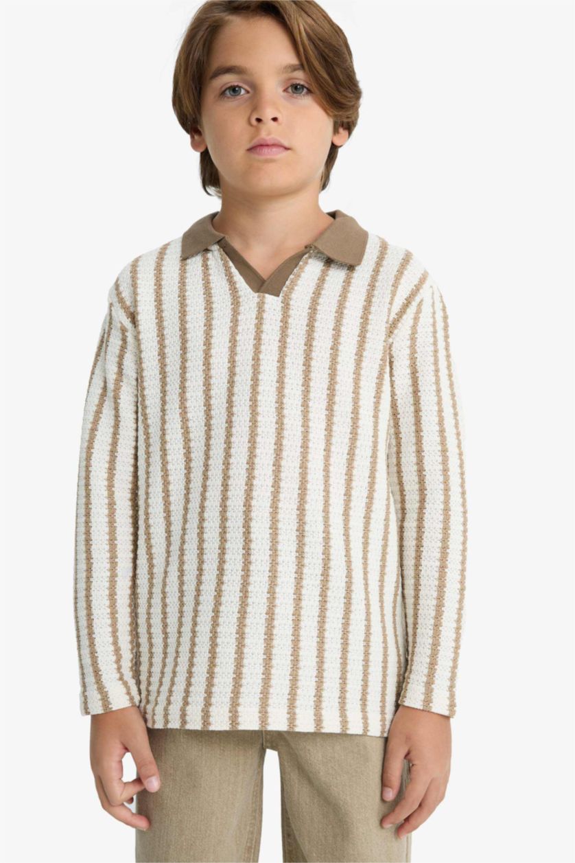 Erkek Çocuk - Genç Erkek Kum Polo Yaka Çizgili Sweatshirt Erkek Çocuk