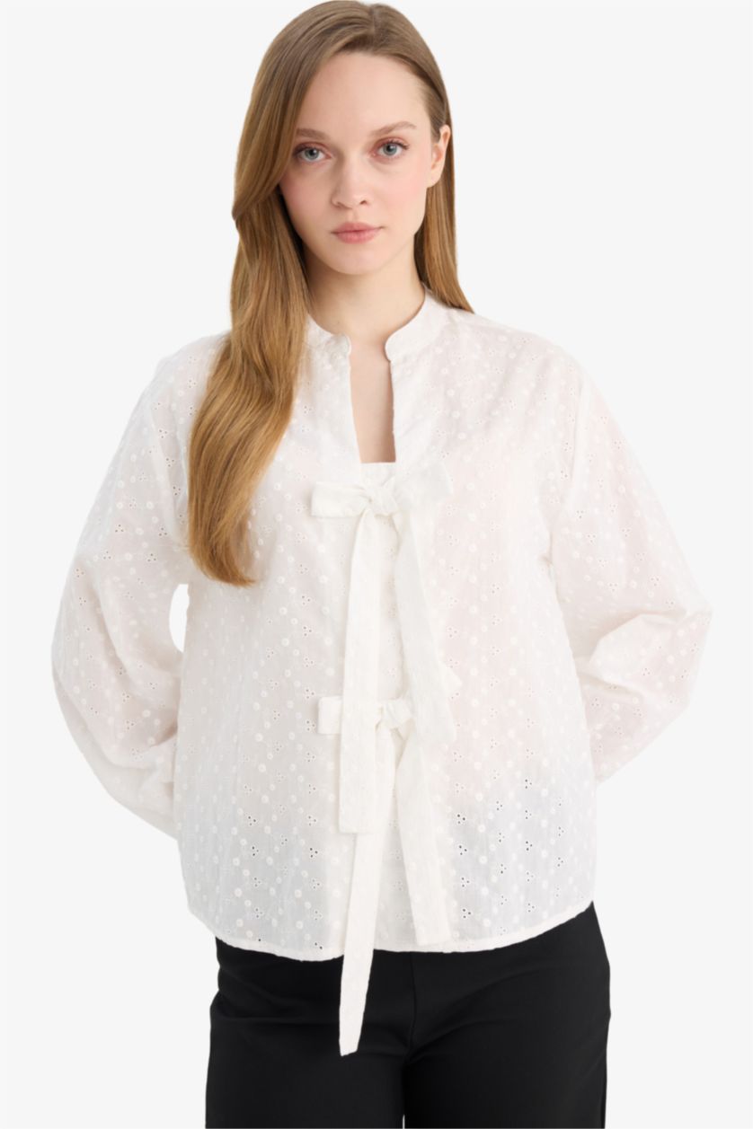 Kadın Ekru Regular Fıt Brode Uzun Kollu Tunik