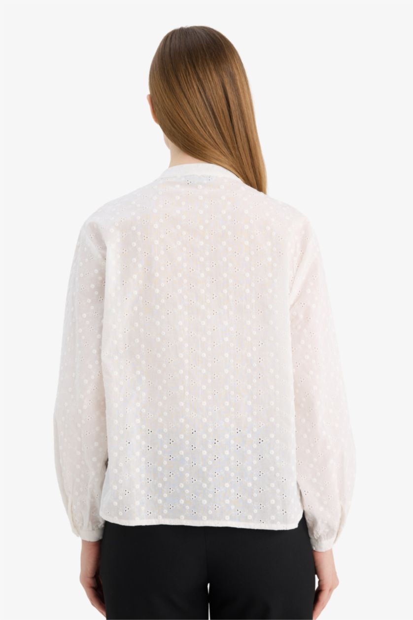 Kadın Ekru Regular Fıt Brode Uzun Kollu Tunik