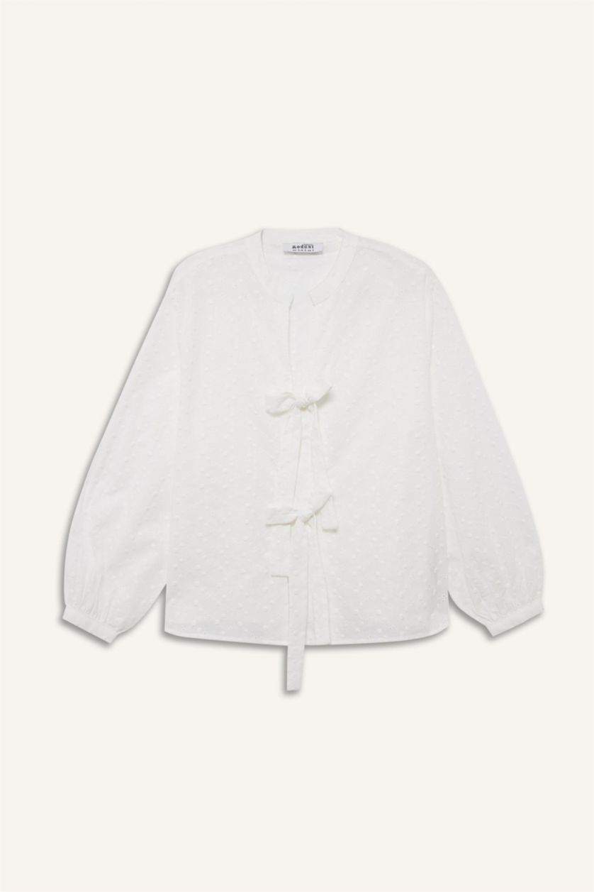 Kadın Ekru Regular Fıt Brode Uzun Kollu Tunik