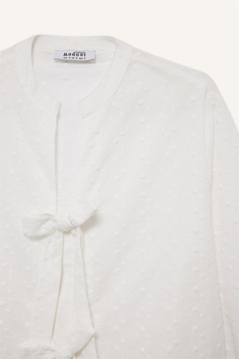 Kadın Ekru Regular Fıt Brode Uzun Kollu Tunik