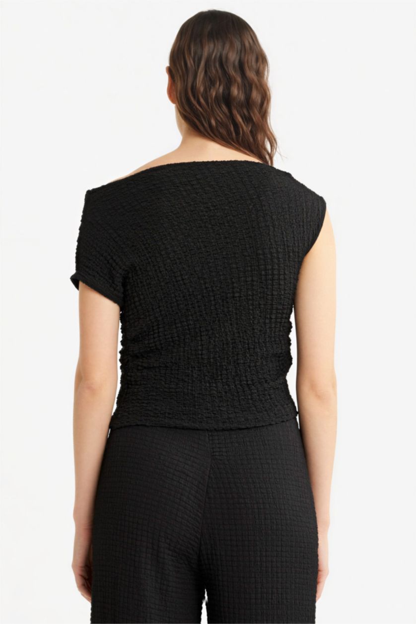 نساء أسود Slim Fit One Shoulder Crepe Blouse