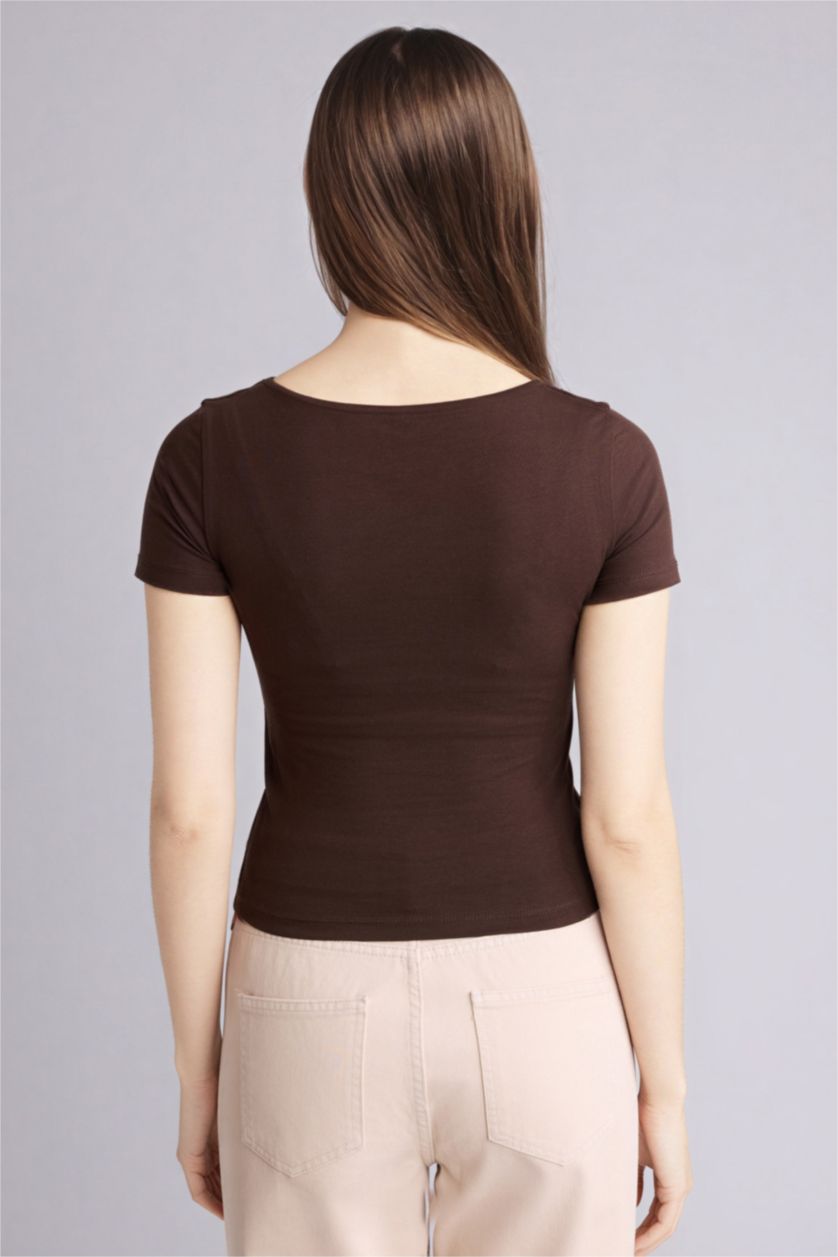 Женщины Коричневый Футболка Slim Fit с квадратным вырезом и коротким рукавом