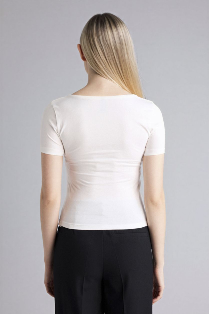 Женщины Бежевый Футболка Slim Fit с квадратным вырезом и коротким рукавом