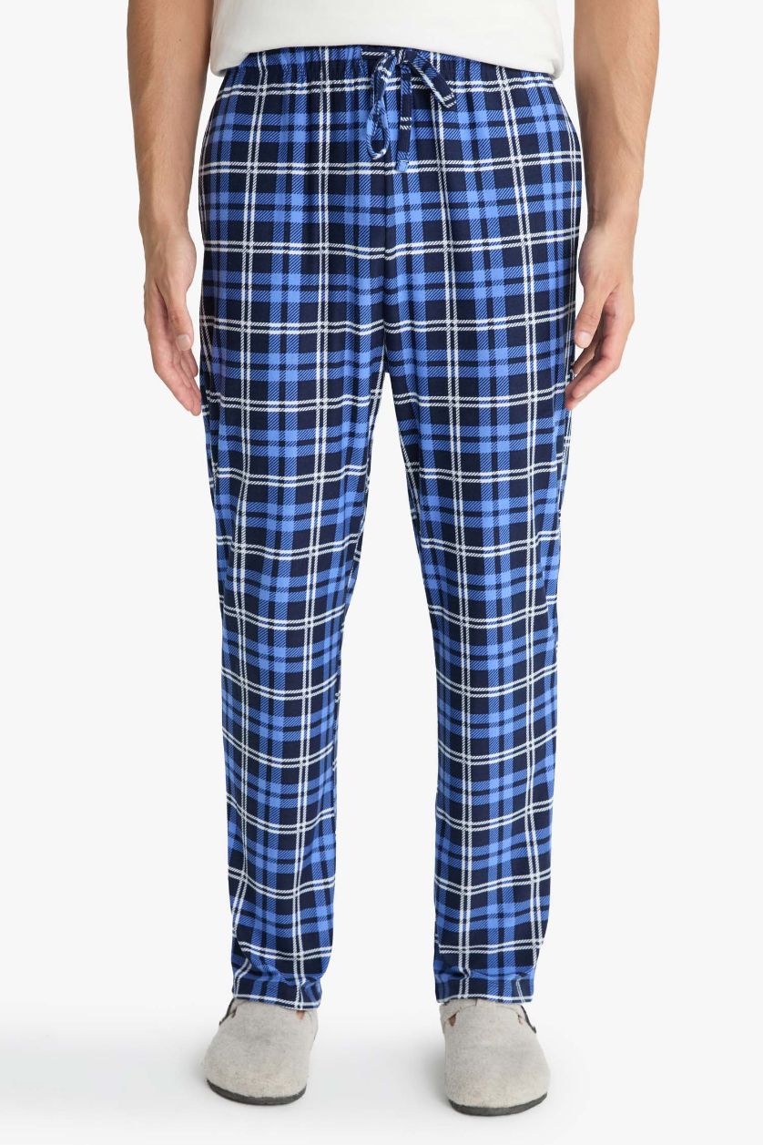 رجالي أزرق بنطلون بيجاما كاروهات قطيفة بجيب وقصة عادية