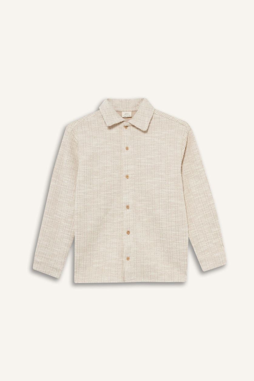 Erkek Çocuk - Genç Erkek Bej Polo Yaka Jakarlı Uzun Kollu Gömlek Erkek Çocuk
