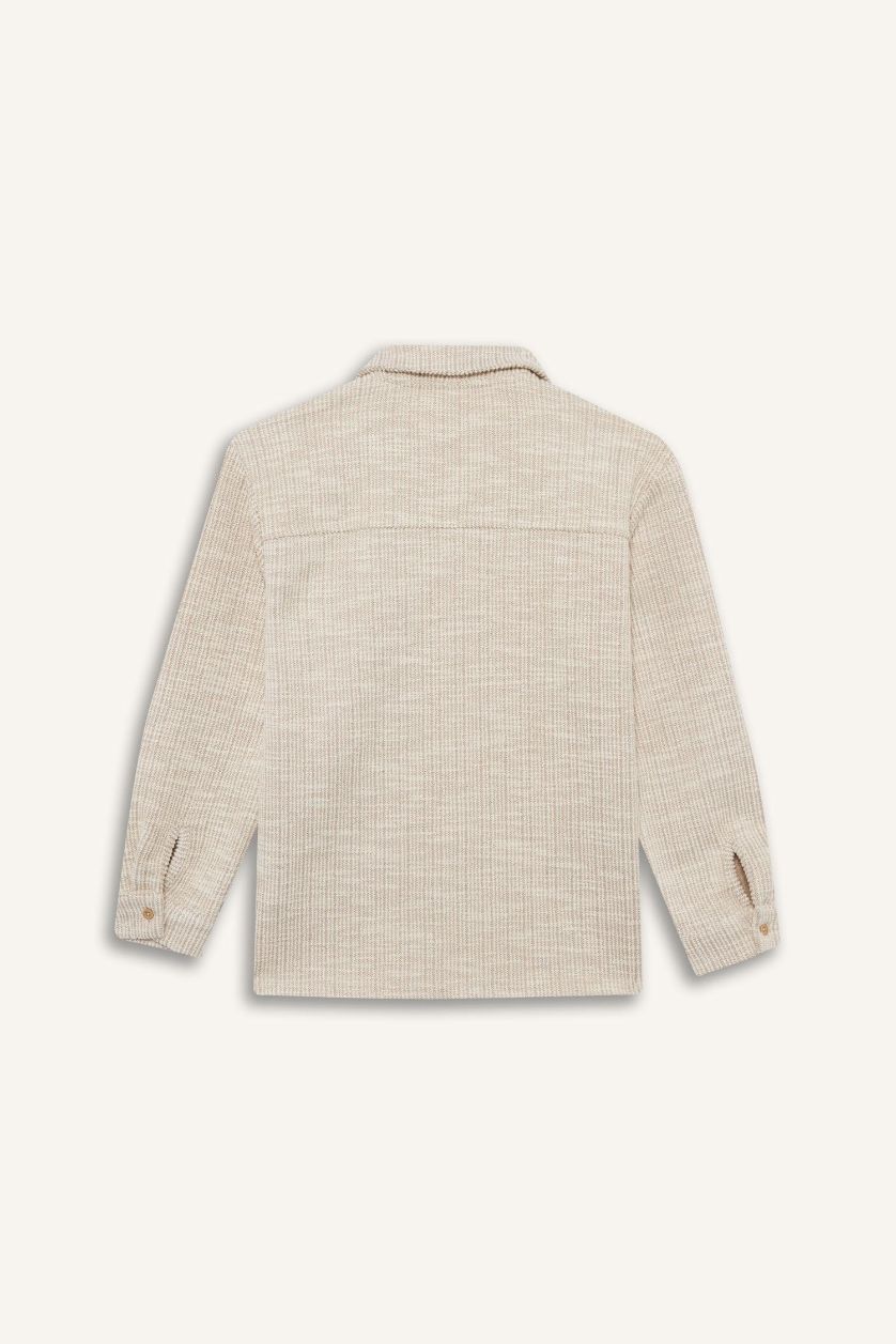 Erkek Çocuk - Genç Erkek Bej Polo Yaka Jakarlı Uzun Kollu Gömlek Erkek Çocuk