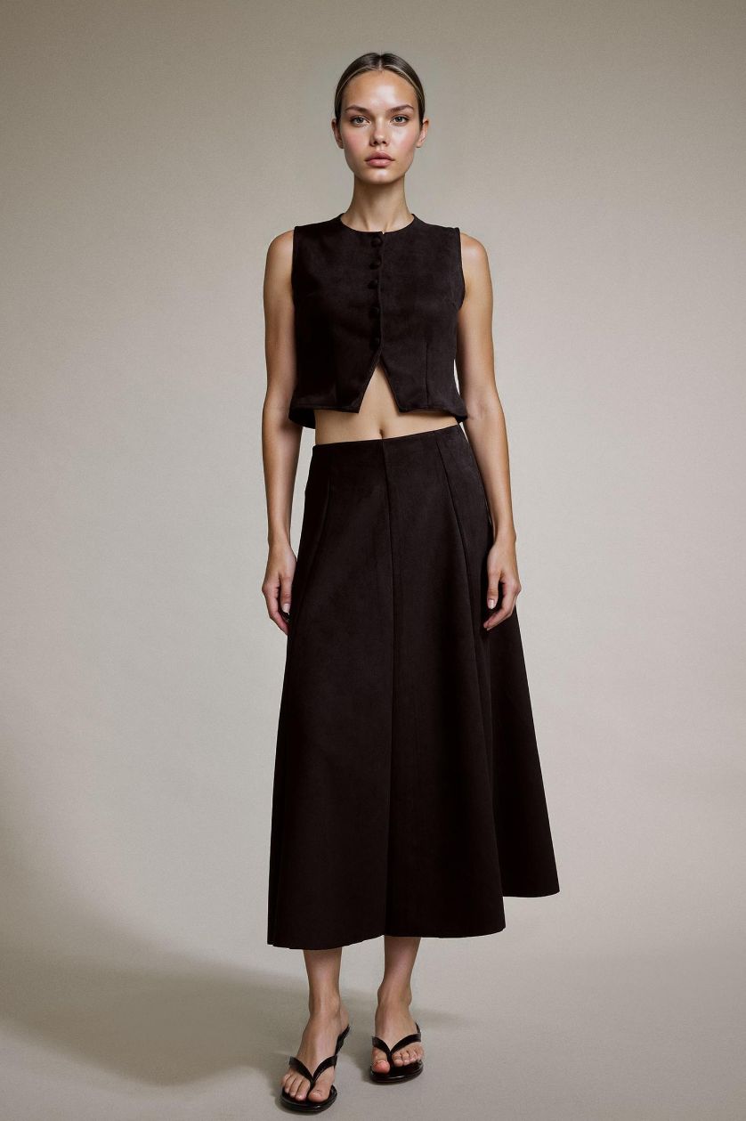 Kadın Siyah Süet Pileli Midi Etek