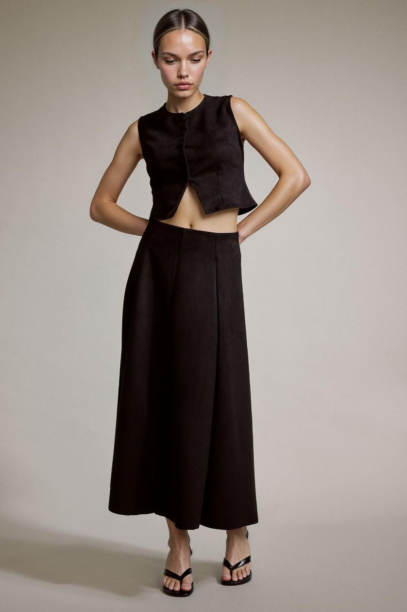 Kadın Siyah Süet Pileli Midi Etek