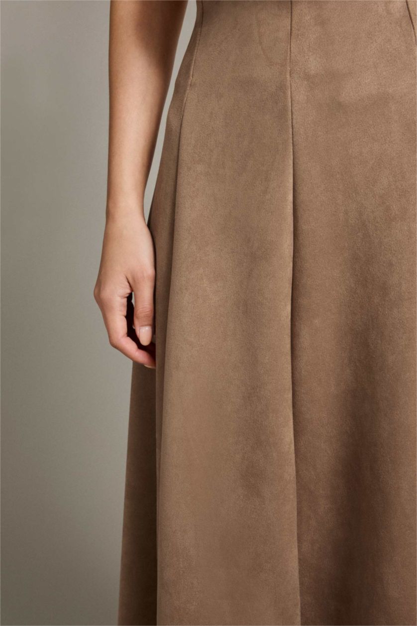 Kadın Açık Camel Süet Pileli Midi Etek