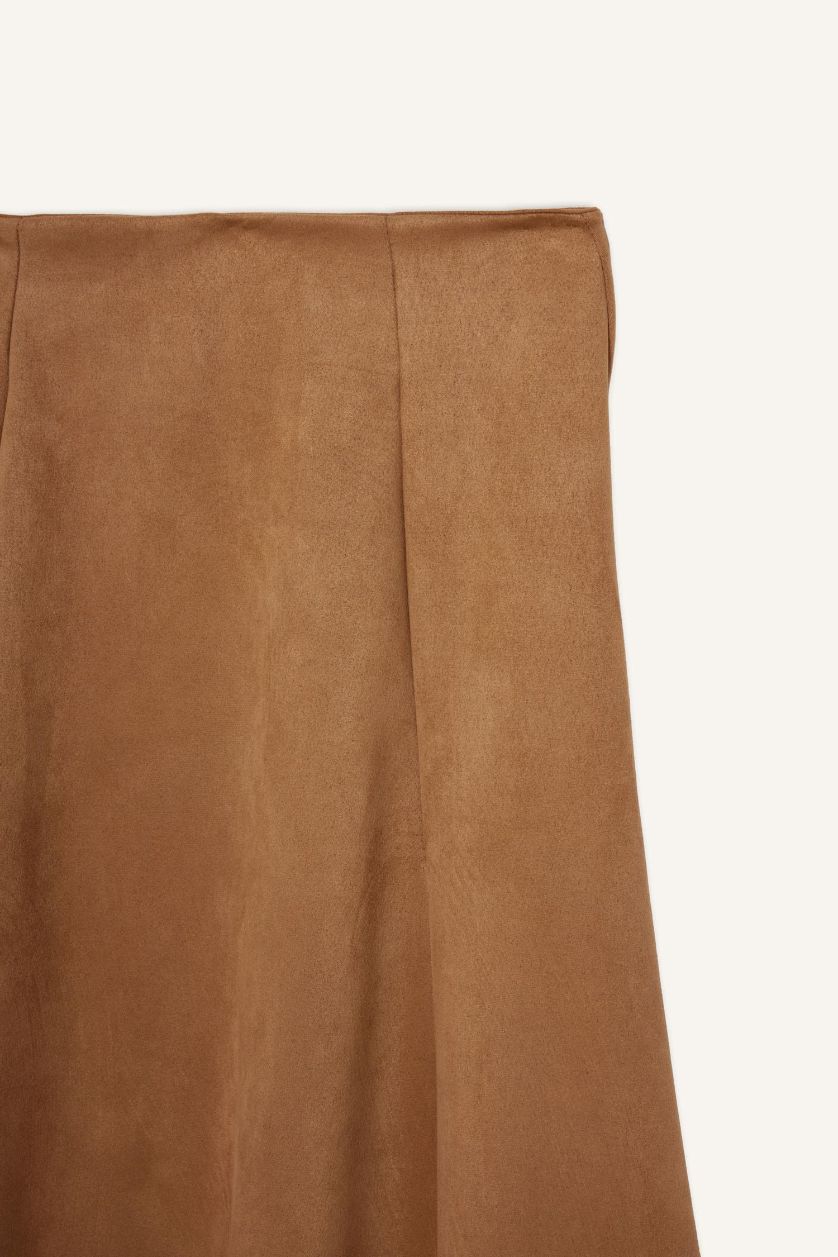 Kadın Açık Camel Süet Pileli Midi Etek