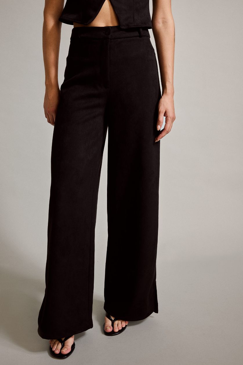 Kadın Siyah Wide Leg Geniş Bol Paça Süet Pantolon