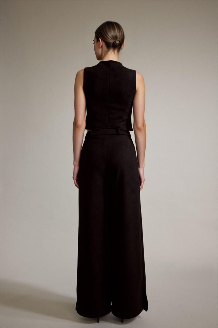 Kadın Siyah Wide Leg Geniş Bol Paça Süet Pantolon