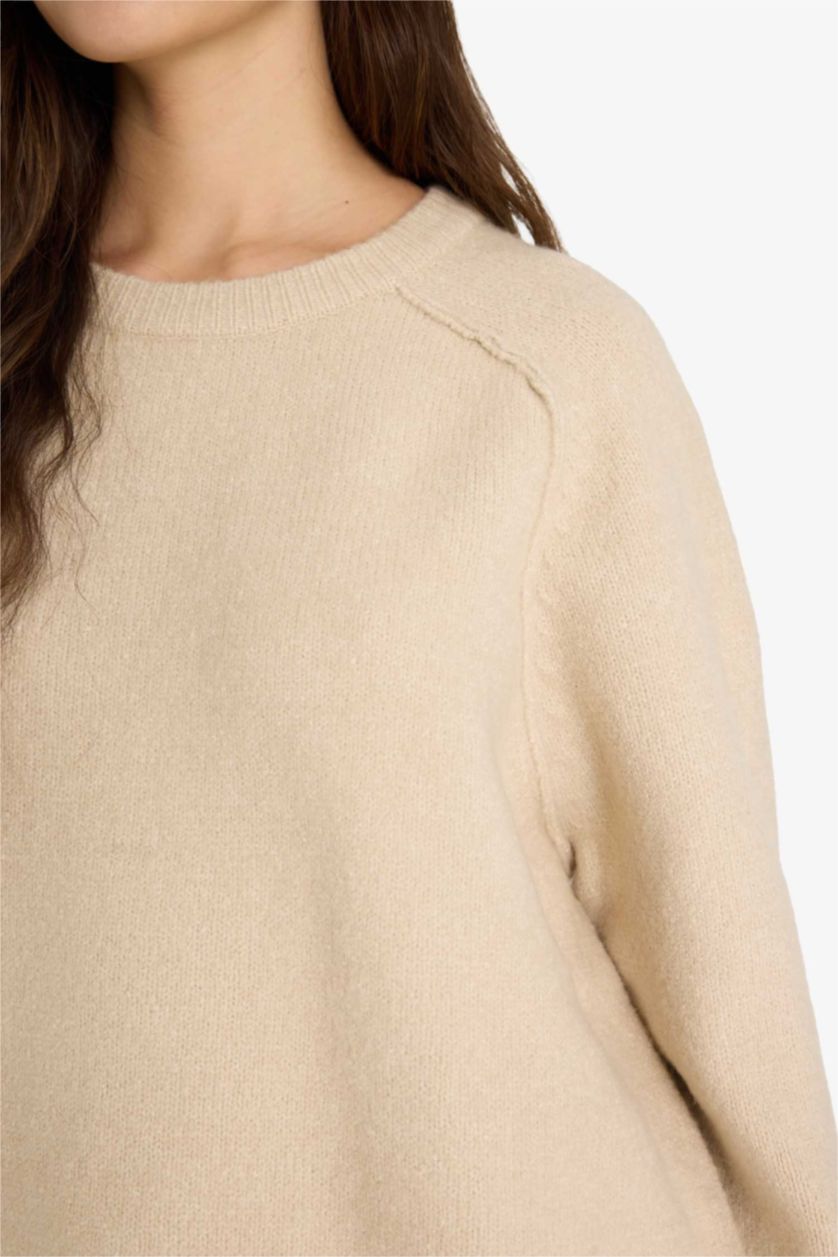 Woman Beige Oversize Fit Crew Neck Pullover