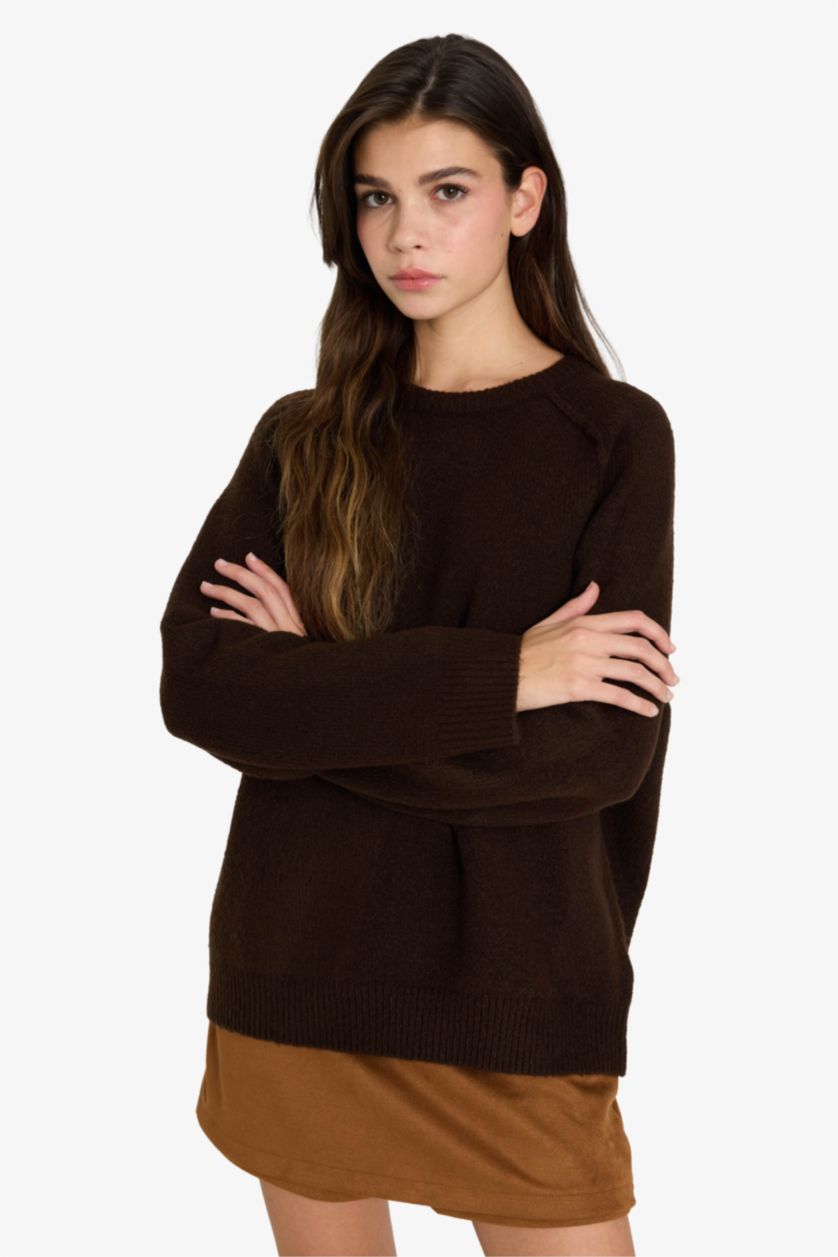 Woman Brown Oversize Fit Crew Neck Pullover