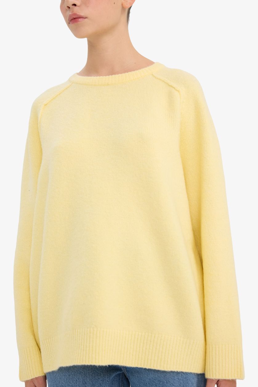 Woman Light Yellow Oversize Fit Crew Neck Pullover