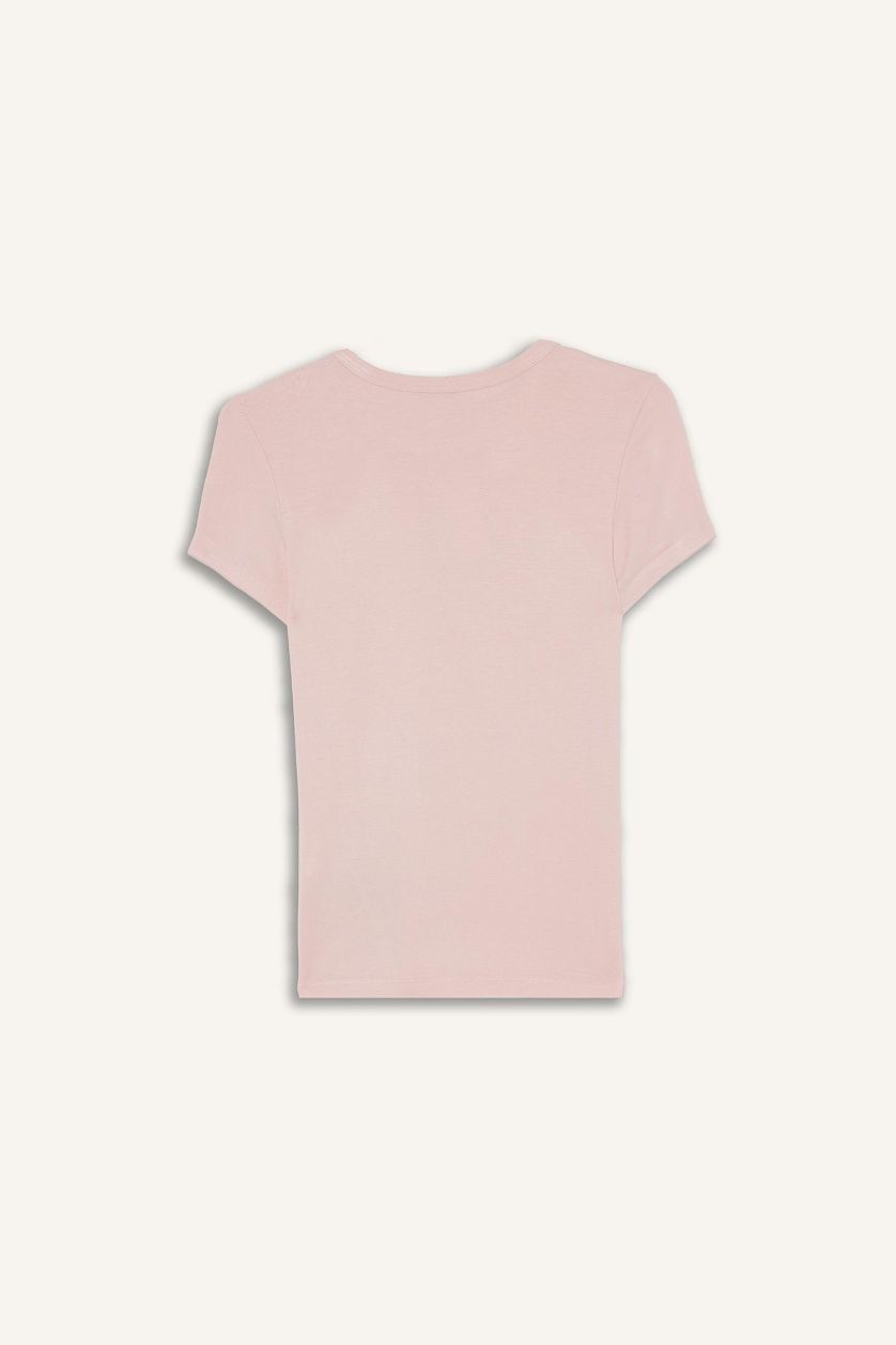 Kadın Açık Pembe Slım Fıt Bisiklet Yaka Kısa Kollu Tişört