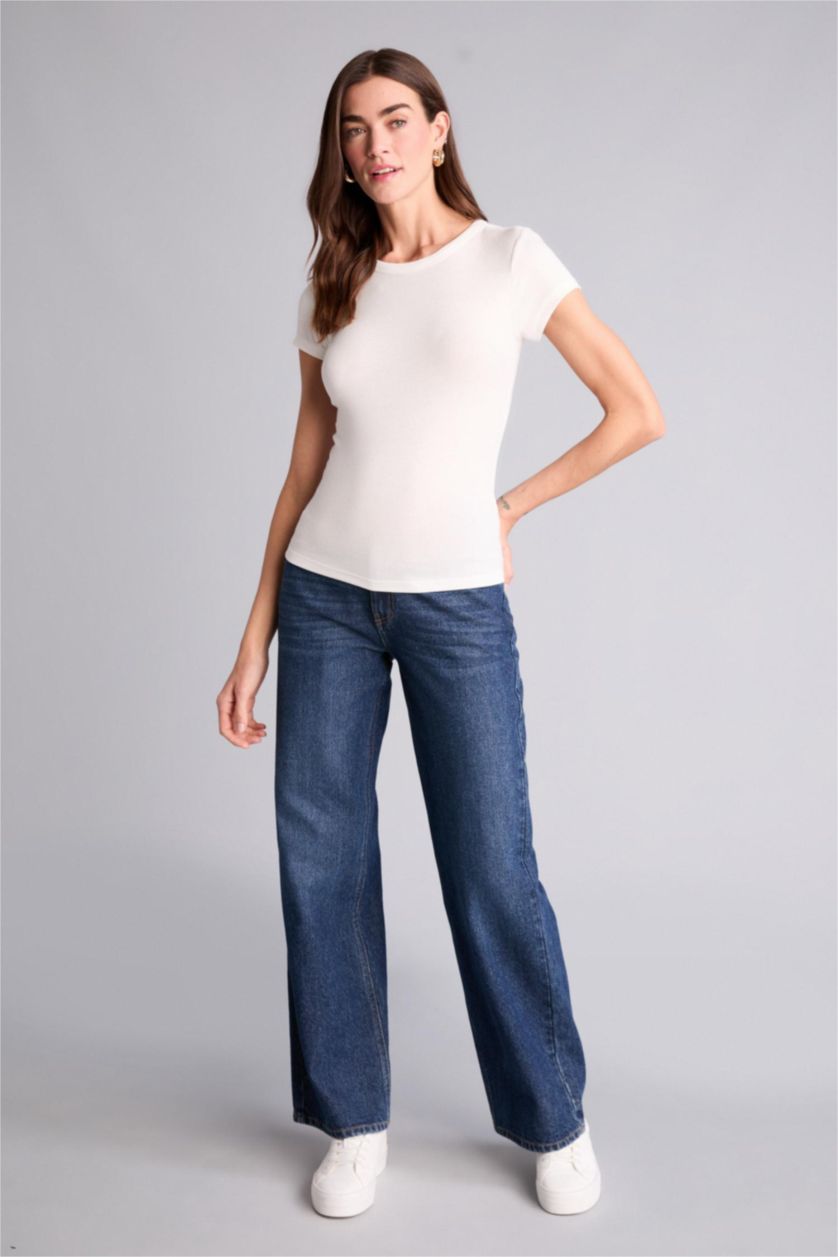 Kadın Ekru Slım Fıt Basıc Tişört