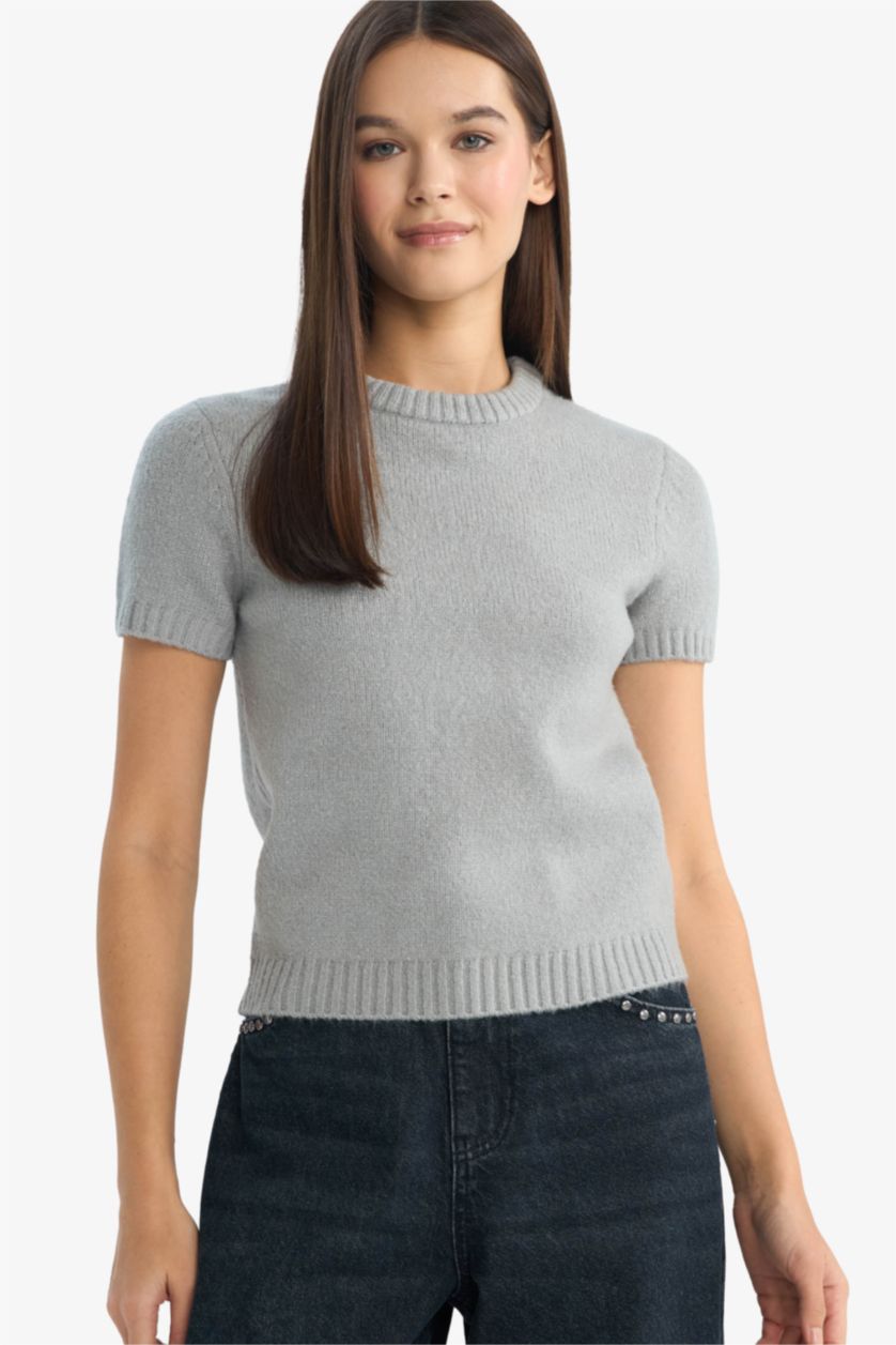 Woman Grey Melange Slim Fit Crew Neck Pullover