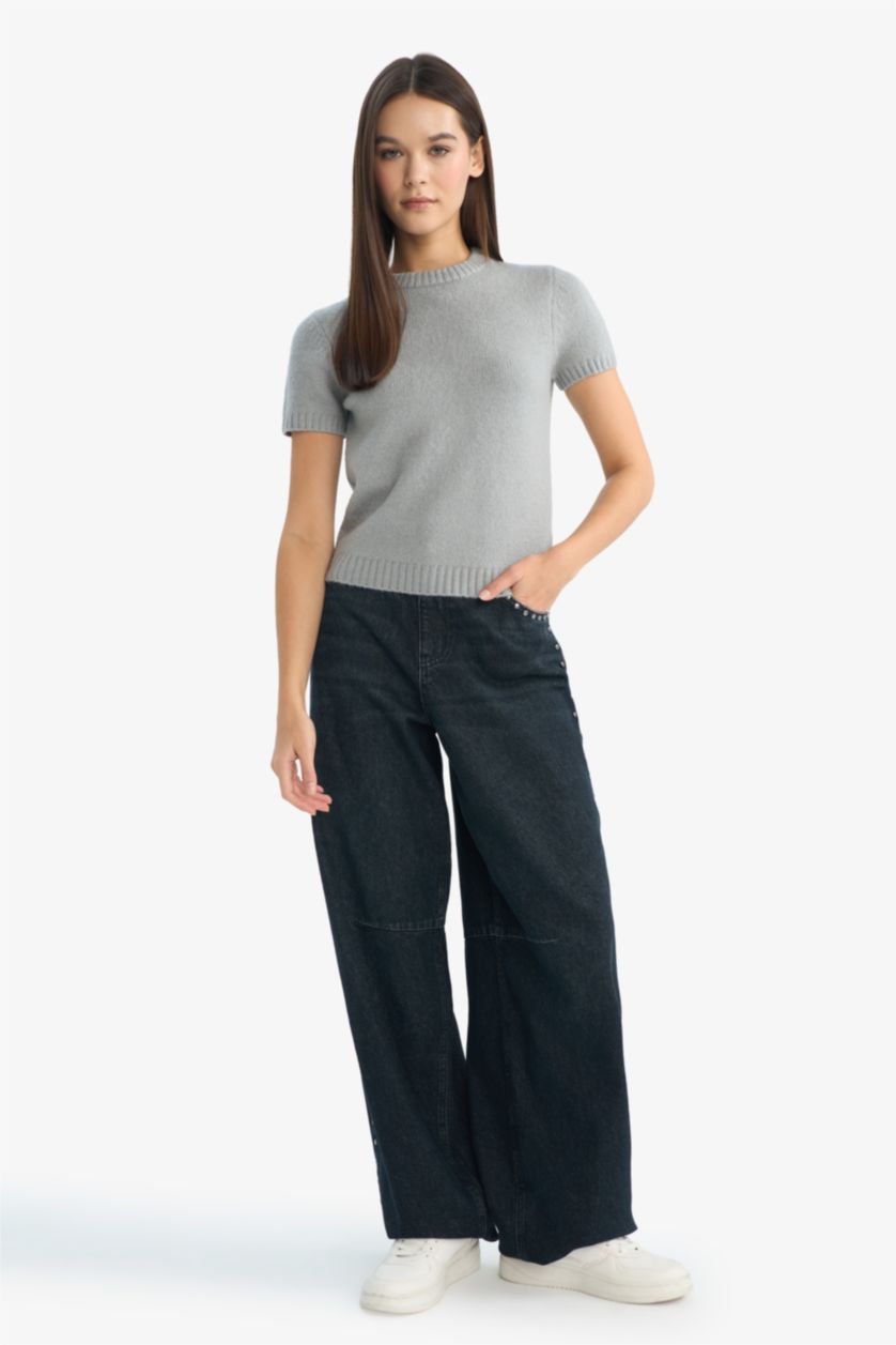 Woman Grey Melange Slim Fit Crew Neck Pullover