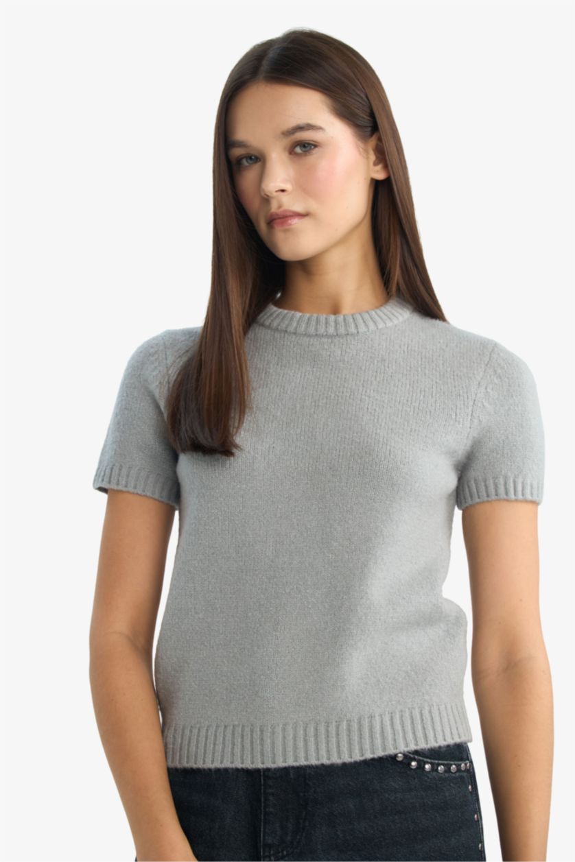 Woman Grey Melange Slim Fit Crew Neck Pullover