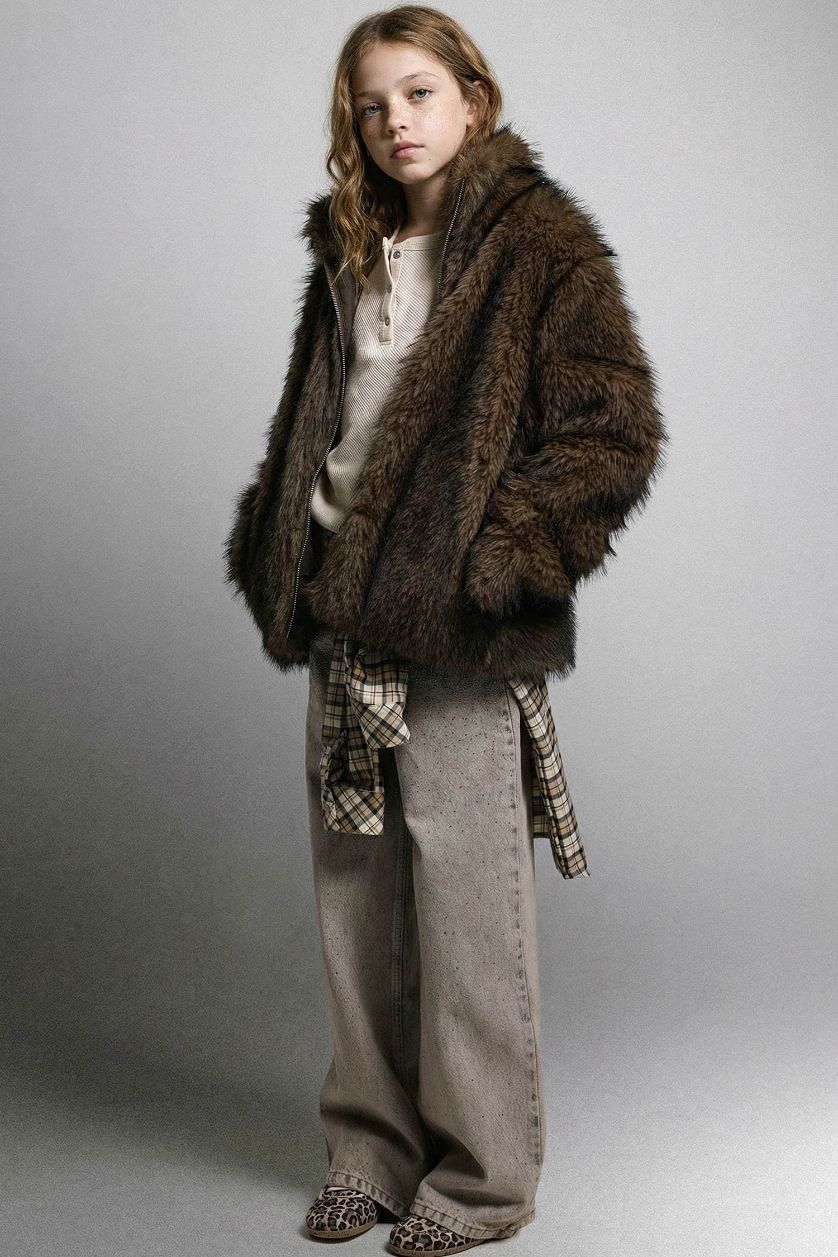Kız Çocuk - Genç Kız Vizon Dik Yaka Fermuarlı Suni Kürk Mont Kız Çocuk