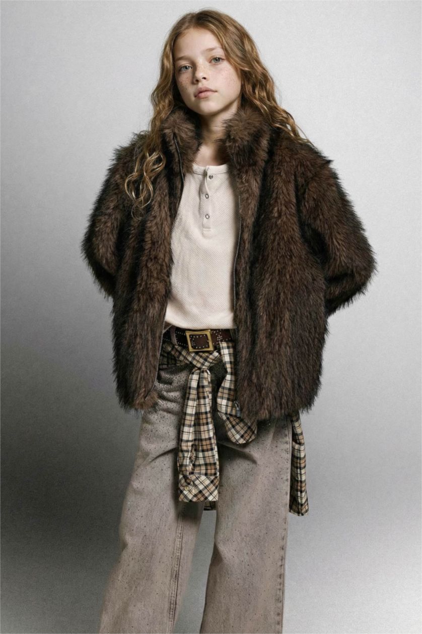 Kız Çocuk - Genç Kız Vizon Dik Yaka Fermuarlı Suni Kürk Mont Kız Çocuk