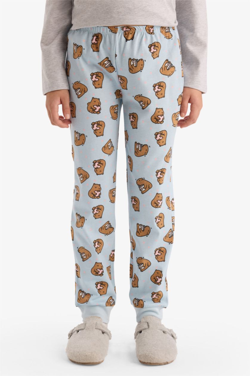 Kız Çocuk - Genç Kız Optik Gri Melanj Pijama Takımı Baskılı Uzun Kollu Üst Desenli Uzun Alt Kız Çocuk