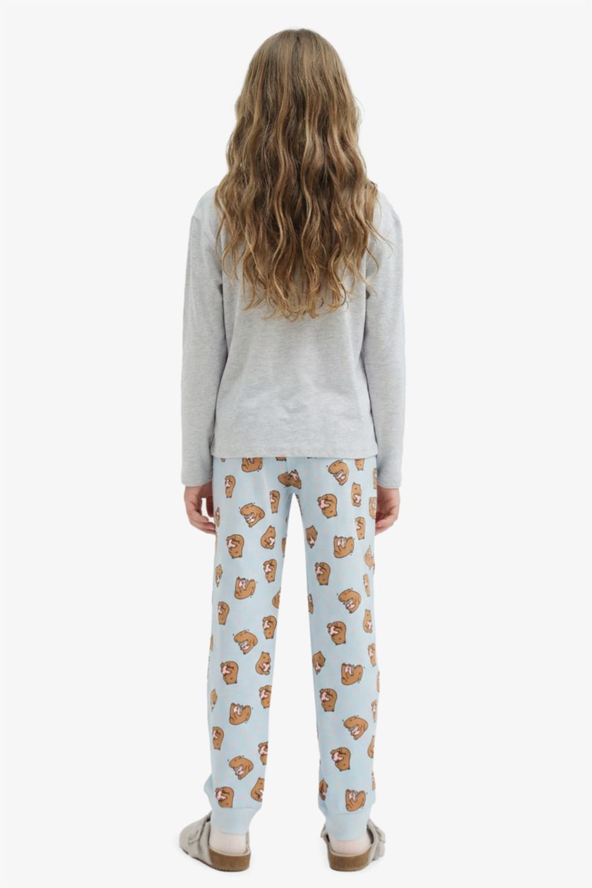 Kız Çocuk - Genç Kız Optik Gri Melanj Pijama Takımı Baskılı Uzun Kollu Üst Desenli Uzun Alt Kız Çocuk